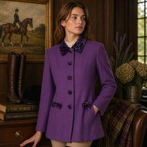Vintage Equestrian Wool Blazer Sz 4 Plum‎ Velvet Trim Preppy Old Money Jacket